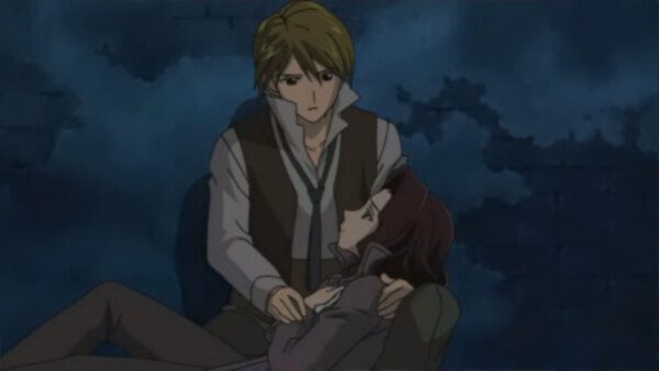 Anime boy holding dying girl in his arms