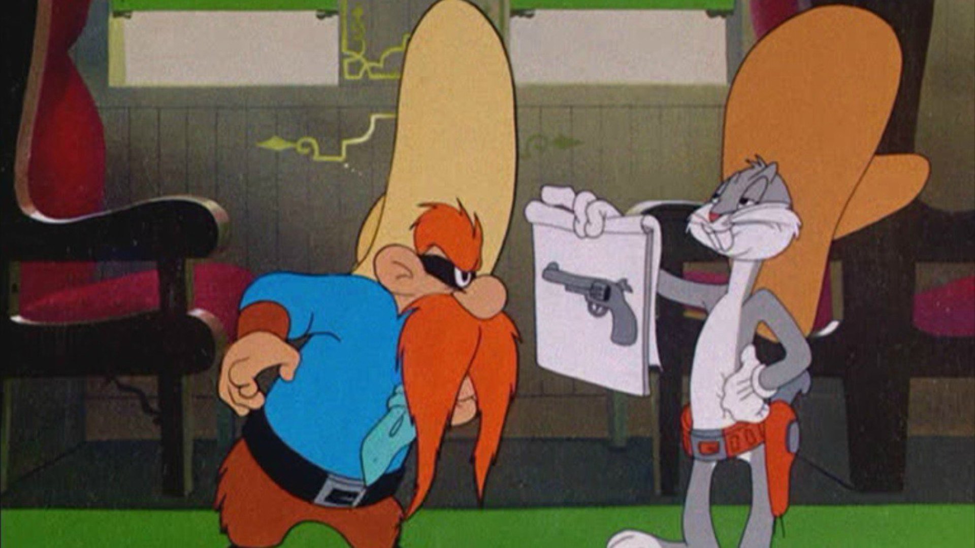 Yosemite Sam is trying to rob the train that Bugs Bunny is riding on, and t...